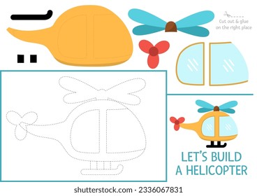 Lets build a helicopter cut and glue activity. Transportation educational crafting game. Find missing parts. Vector air transport printable page for kids with tube, body. Complete the aircraft
