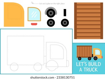 Lets build a track cut and glue activity. Transportation educational crafting game. Find missing parts. Vector transport printable page for kids with wheel, window, body. Complete the vehicle