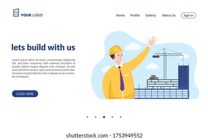 Construyamos con la página de inicio del sitio web de nosotros. En construcción. Arquitecto haciendo presentación de plano ilustración vectorial de dibujos animados gordos. Hombre con proyecto con casco y traje formal.