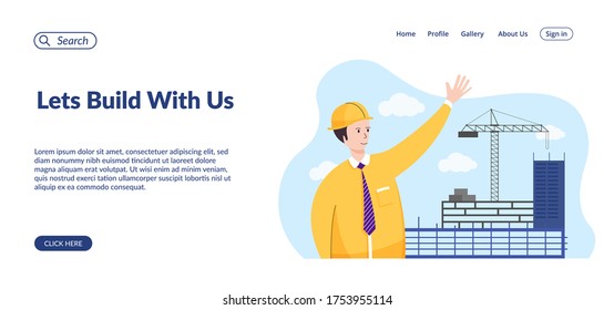Lets build with us website landing page. Under construction building work process. Architect doing blueprint presentation fat cartoon vector illustration. Man with project in helmet and formal suit.