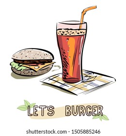 Let's Burger sketch. Burger and glass of lemonade on napkin. Vector