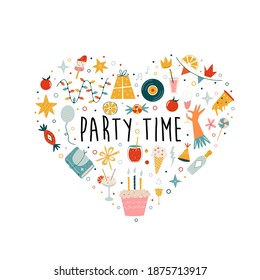 Lets celebrate abstract heart shaped design with holiday symbols. Vector colorful illustration