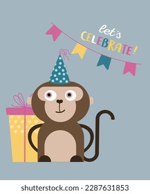  Let's celebrate Card with Monkey, Presents, and Decorations 