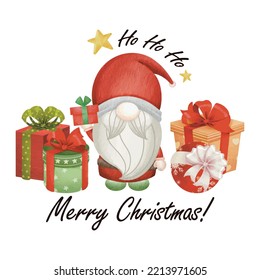 Let's celebrate Christmas with Santa Gnome and presents. Banner Christmas. Watercolor Vector illustration. Seasonal Christmas flat design. For poster, print, menu design, greeting card