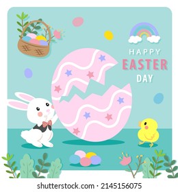 Let's celebrate Happy Easter day. The cute easter rabbit and chick are playing easter egg hunt game vector on modern green background.