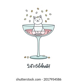 Let's celebrate. Illustration of happy white cat sitting in a champagne glass under golden confetti rain. Can be used as greeting card, invitation or poster.