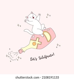 Let's celebrate. Illustration of happy white cat flying on a champagne bottle. Can be used as greeting card, invitation or poster.
