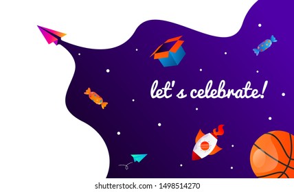 Let's celebrate! illustration in outerspace style. Web banners to invite to celebrate something