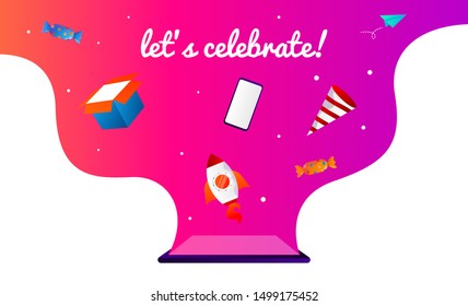 Let's celebrate! illustration in outerspace style. Web banners to invite to celebrate something