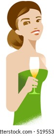 Let's celebrate! Illustration of smiling young woman with glass of champagne.
