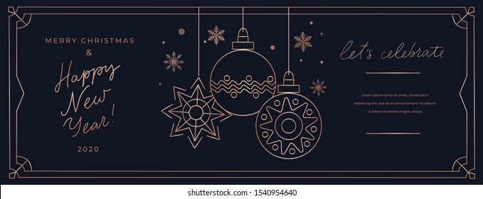 Lets celebrate Merry Christmas linear banner template vector illustration. Happy New Year greeting card with Xmas ball and snowflake in golden frame line. Winter poster with best wishes on holiday