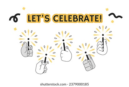 Lets celebrate monochrome greeting card vector. Sparks bengal lights holding hands black and white illustration greetingcard. Fireworks 2D outline cartoon ecard, special occasion postcard image