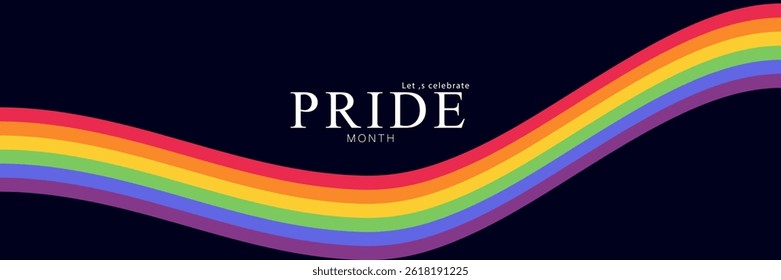 Let's Celebrate PRIDE month background for festival parades, parties, and social events. Colorful rainbow flag on dark background. Vector design template.