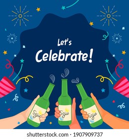 Let's Celebrate! Soju party background vector illustration. Cheers! Soju glass bottles with ribbon and confetti