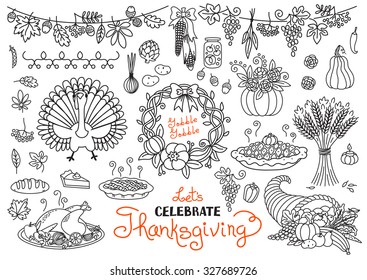 Let's celebrate Thanksgiving Day doodles set. Traditional symbols - turkey, pumpkin pie, corn, cornucopia, wheat. Freehand vector drawings collection isolated.