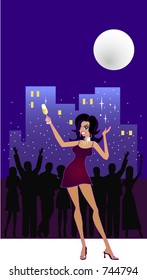 Let's Celebrate - A vector illustration of a happy woman raising her glass of champagne and partying under the full moon at an apartment balcony. A party crowd is throwing confetti & celebrating.