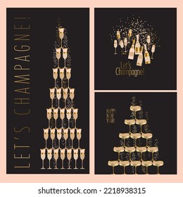 Let's Champagne! Festive champagne card. Celebration postcards with sparkling wine for new year, Christmas, wedding, celebration, party, birthday. Celebrate with champagne vector clipart.