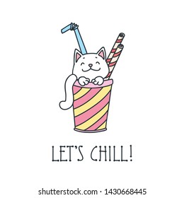 Let's chill! Cute illustration of milkshake and a happy white cat. Vector 8 EPS.