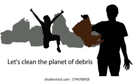 Let's clear the planet of debris. Vector silhouettes of a man holding an old ragged boot in his hand against a background of gray bags filled with household waste. Girl with two hands raised up 