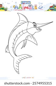 Let's color the animals. Coloring cartoon marlin fish. Educational game for children. fun activities for children to play and learn.