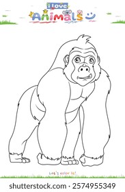 Let's color the animals. Coloring cartoon mountain gorilla. Educational game for children. fun activities for children to play and learn.