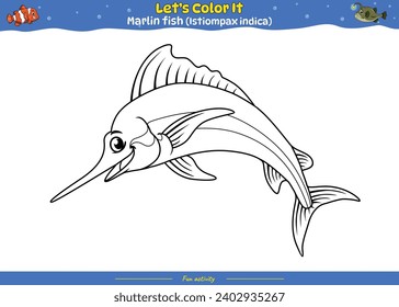 Vamos a colorearlo. Colorear la página con una tierna caricatura. Página de Colores Pescado de Marlin. Juego educativo para niños. actividades divertidas para que los niños jueguen y aprendan.
