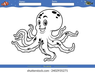 Lets color it . Coloring page with cute cartoon. Coloring page Octopus. Educational game for children. fun activities for kids to play and learn.