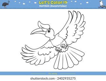 Vamos a colorearlo. Colorear la página con una tierna caricatura. Página de coloreado Hornbill. Juego educativo para niños. actividades divertidas para que los niños jueguen y aprendan.