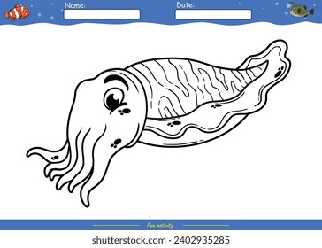 Vamos a colorearlo. Colorear la página con una tierna caricatura. Página de Colores Calamares de sepia. Juego educativo para niños. actividades divertidas para que los niños jueguen y aprendan.