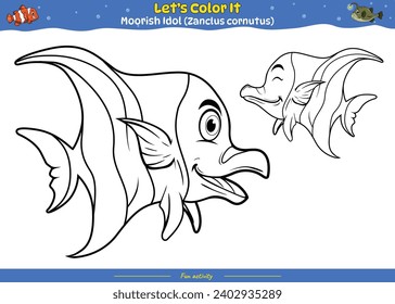 Lets color it . Coloring page with cute cartoon. Coloring page Moorish Idol fish. Educational game for children. fun activities for kids to play and learn.