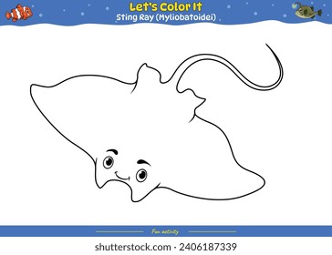 Lets color it . Coloring page with cute cartoon. Coloring page Sting Ray. Educational game for children. fun activities for kids to play and learn.