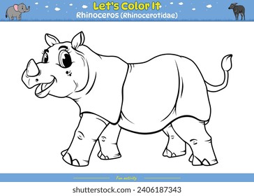 Vamos a colorearlo. Colorear la página con una tierna caricatura. Coloriendo la página Rhinoceros. Juego educativo para niños. actividades divertidas para que los niños jueguen y aprendan.