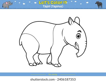 Lets color it . Coloring page with cute cartoon. Coloring page Tapir. Educational game for children. fun activities for kids to play and learn.