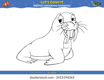 Lets color it . Coloring page with cute cartoon. Coloring page walrus. Educational game for children. fun activities for kids to play and learn.