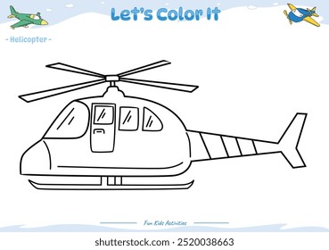 Lets color it . Coloring page with cute cartoon. Coloring page Helicopter. Educational game for children. fun activities for kids to play and learn.