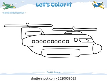 Lets color it . Coloring page with cute cartoon. Coloring page Combat Helicopter. Educational game for children. fun activities for kids to play and learn.