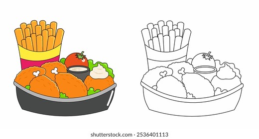 Vamos a colorear una comida. Conjunto de deliciosa ilustración de pollo frito. Ilustración vectorial de un alimento Kawaii para colorear página, libro para colorear, impresiones para la ropa.