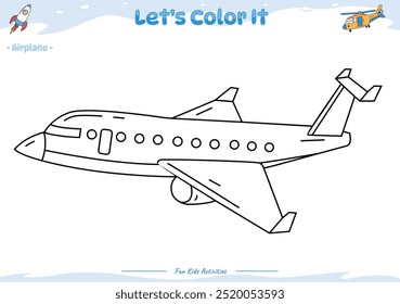 Vamos a colorearlo. Dibujo para colorear con dibujos animados lindos. Dibujo de avión para colorear. Juego educativo para niños. actividades divertidas para que los niños jueguen y aprendan.