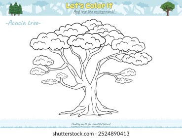 Vamos a colorearlo. Dibujo para colorear con dibujos animados lindos. Dibujo para colorear Árbol de acacia. Juego educativo para niños. actividades divertidas para que los niños jueguen y aprendan.