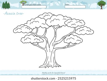 Lets color it. Coloring page with cute cartoon. Coloring page Savannah tree. Educational game for children. fun activities for kids to play and learn.,