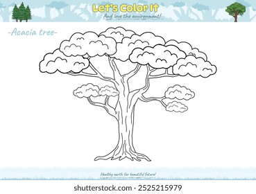 Lets color it. Coloring page with cute cartoon. Coloring page Savannah tree. Educational game for children. fun activities for kids to play and learn.,