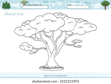 Lets color it. Coloring page with cute cartoon. Coloring page Savannah tree. Educational game for children. fun activities for kids to play and learn.,