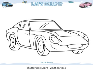 Vamos colorir. Página de colorir com desenho animado bonito. Colorir página Sport car. Jogo educacional para crianças. atividades divertidas para crianças para jogar e aprender