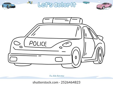 Lets color it. Coloring page with cute cartoon. Coloring page Police car. Educational game for children. fun activities for kids to play and learn