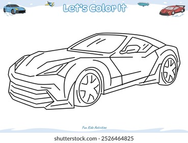 Lets color it. Coloring page with cute cartoon. Coloring page hypercar. Educational game for children. fun activities for kids to play and learn