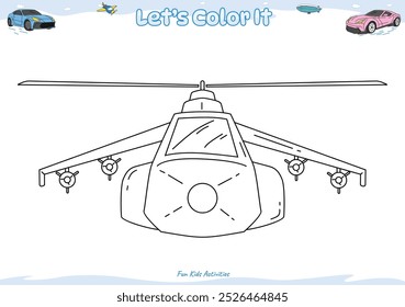 Vamos colorir. Página de colorir com desenho animado bonito. Colorir página Helicóptero de combate. Jogo educacional para crianças. atividades divertidas para crianças para jogar e aprender