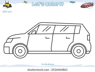 Lets color it. Coloring page with cute cartoon. Coloring page SUV car. Educational game for children. fun activities for kids to play and learn