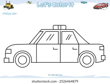 Lets color it. Coloring page with cute cartoon. Coloring page Police car. Educational game for children. fun activities for kids to play and learn