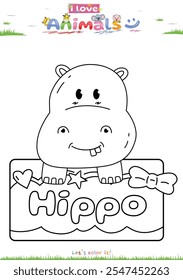 Lets color it. Coloring page with cute Hippo cartoon. Educational game for children. fun activities for kids to play and learn.