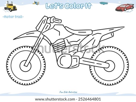 Lets color it. Coloring page with cute cartoon. Coloring page trail Motorcycle. Educational game for children. fun activities for kids to play and learn